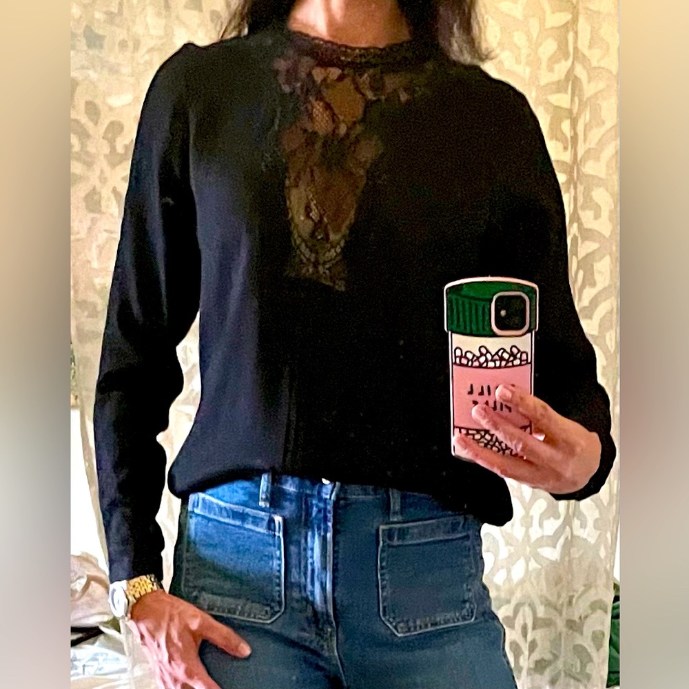 SEA NEW YORK Long Sleeve with Lace Detail Yoke High Neck Pleated Sleeve Top Sm